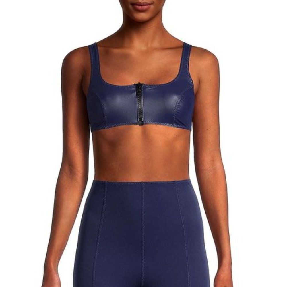 Lisa Marie Fernandez NWT Women's Glossy Navy Front-Zip Sport Bra, Size Medium
